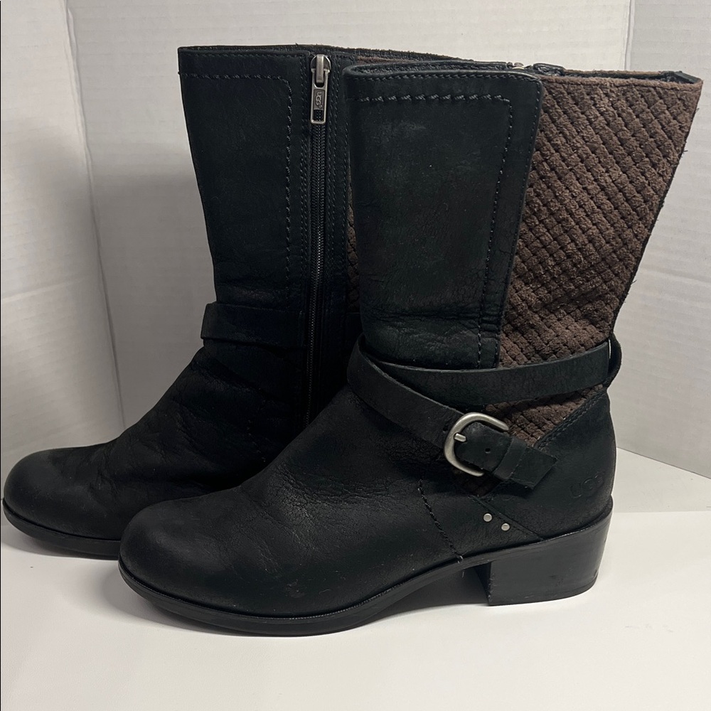 UGG Black Leather & Brown Quilted Ankle Boots with Buckle Strap